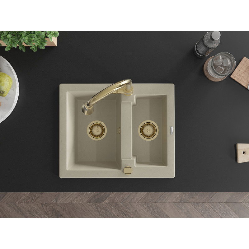 Mexen Carlos granieten spoelbak 1,5-komor met keukenkraan Elia, beige - 6518-69-670101-50
