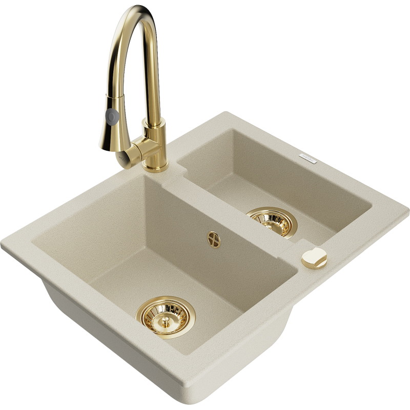 Mexen Carlos granitische gootsteen met 1,5 bakken en keukenmengkraan Elia, beige - 6518-69-670101-50