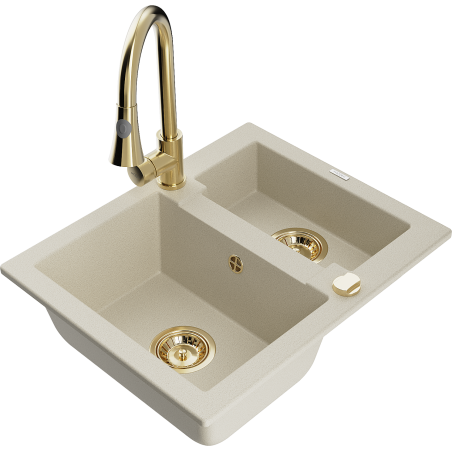Mexen Carlos granitische spoelbak 1,5-kamer met keukenkraan Elia, beige - 6518-69-670101-50
