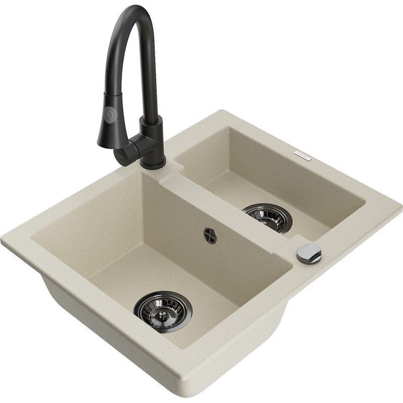 Mexen Carlos 1,5-komorige granieten spoelbak met keukenmengkraan Elia, beige - 6518-69-670101-70