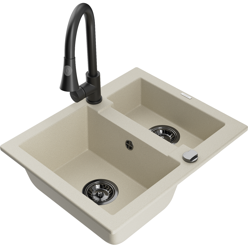 Mexen Carlos granieten gootsteen 1,5-komerig met keukenkraan Elia, beige - 6518-69-670101-70