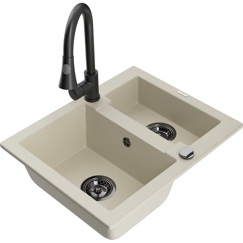 Mexen Carlos Granitspüle 1,5-beckig mit Küchenarmatur Elia, beige - 6518-69-670101-70