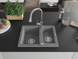 Mexen Carlos granite sink 1.5-bowl with Elia kitchen tap, grey - 6518-71-670101-00