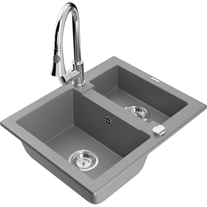 Mexen Carlos lava-loiças de granito 1,5-compar com torneira de cozinha Elia, cinza - 6518-71-670101-00