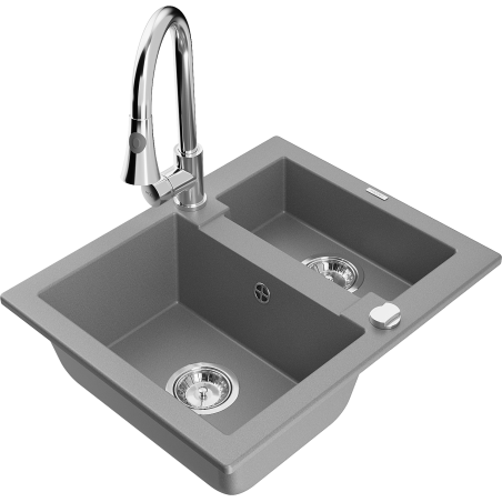 Mexen Carlos granite sink 1.5-bowl with Elia kitchen tap, grey - 6518-71-670101-00
