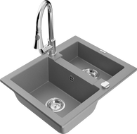 Mexen Carlos 1.5-bowl granite sink with Elia kitchen faucet, gray - 6518-71-670101-00