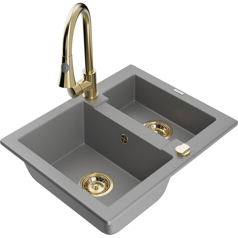 Mexen Carlos granite kitchen sink 1.5-bowl with Elia kitchen tap, grey - 6518-71-670101-50