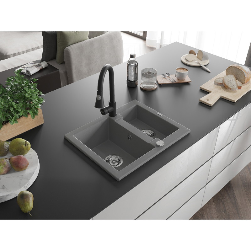 Mexen Carlos 1,5-Kammer-Granitsplüle mit Küchenarmatur Elia, grau - 6518-71-670101-70