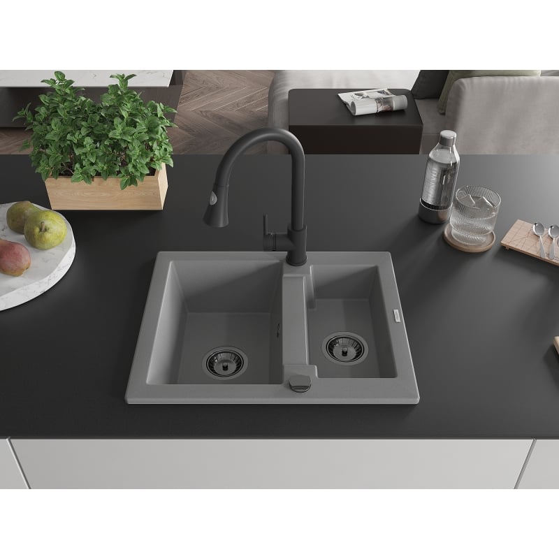 Mexen Carlos 1.5-bowl granite sink with Elia kitchen faucet, gray - 6518-71-670101-70-B