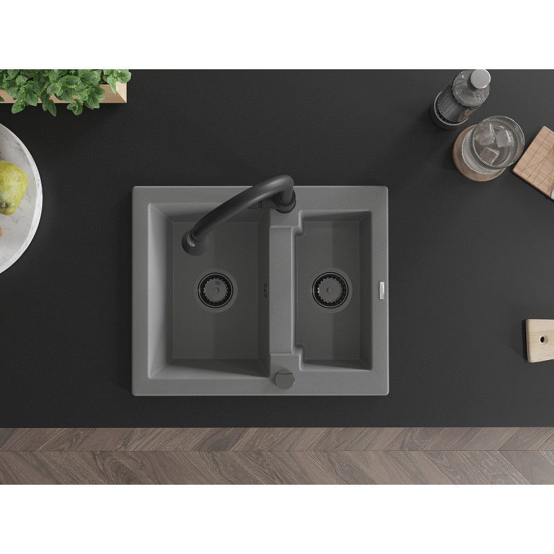 Mexen Carlos fregadero de granito de 1.5 senos con grifo de cocina Elia, gris - 6518-71-670101-70-B