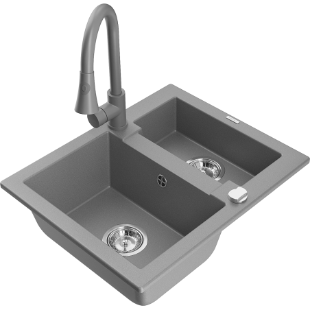 Mexen Carlos granieten gootsteen 1,5-komorige met keukenmengkraan Elia, grijs - 6518-71-670101-71