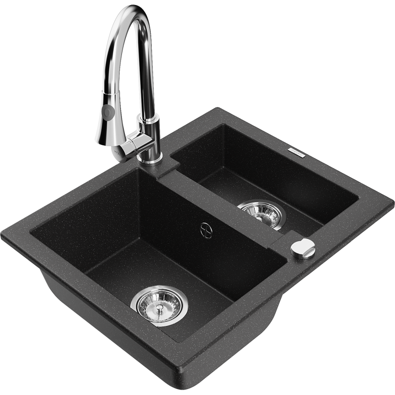 Mexen Carlos granite sink 1.5-bowl with Elia kitchen tap, black/silver metallic - 6518-73-670101-00