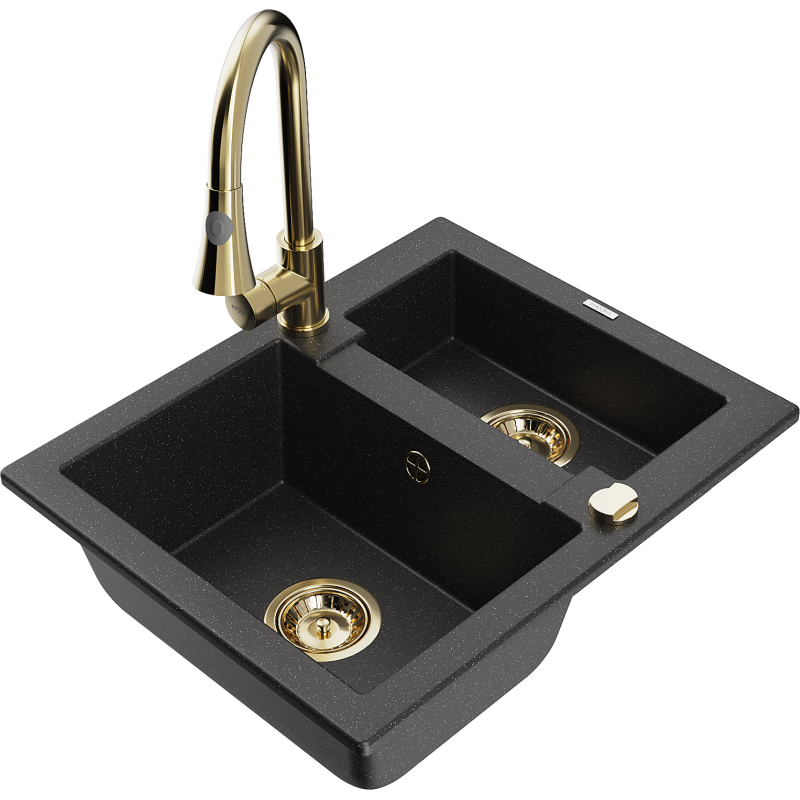 Mexen Carlos granieten spoelbak 1,5-komor met keukenmengkraan Elia, zwart/zilver metallic - 6518-73-670101-50