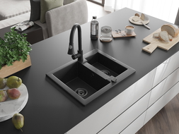 Mexen Carlos Granitspüle 1,5-Becken mit Küchenarmatur Elia, schwarz/silber metallic - 6518-73-670101-70-B