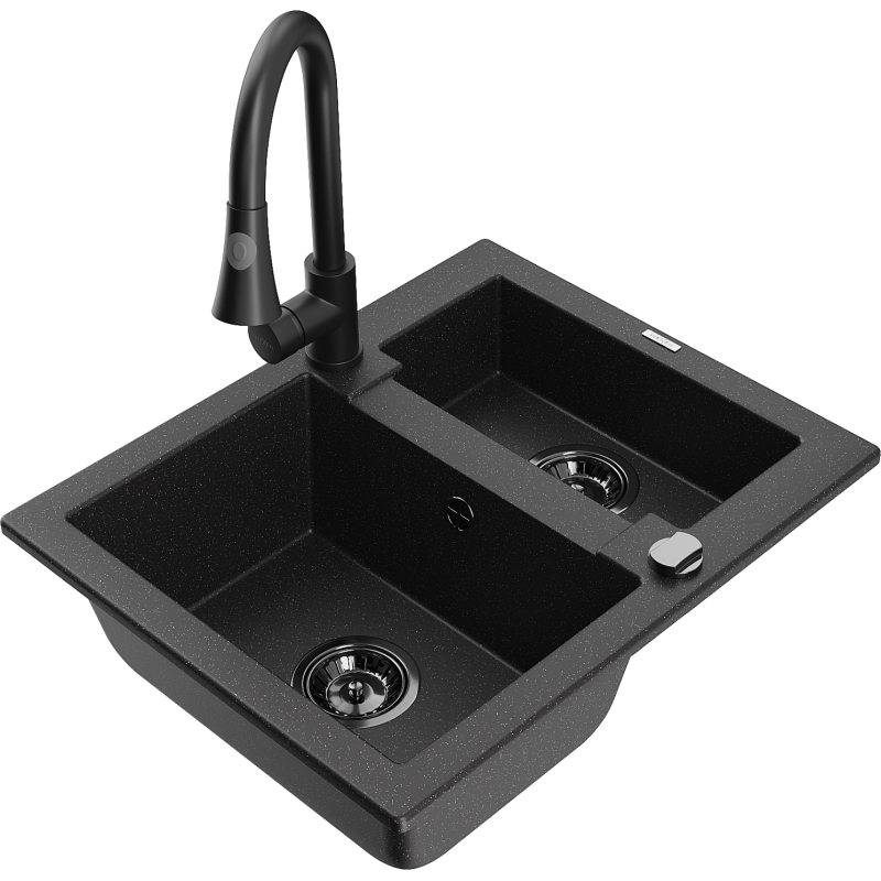 Mexen Carlos granite sink 1.5-bowl with Elia kitchen tap, black/silver metallic - 6518-73-670101-70-B