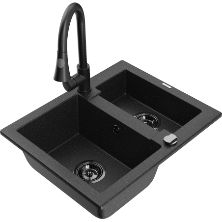 Mexen Carlos granite sink 1.5-bowl with Elia kitchen tap, black/silver metallic - 6518-73-670101-70-B