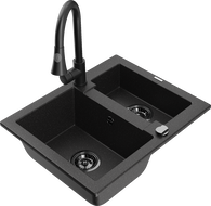 Mexen Carlos granite sink 1.5-bowl with Elia kitchen faucet, black/silver metallic - 6518-73-670101-70-B