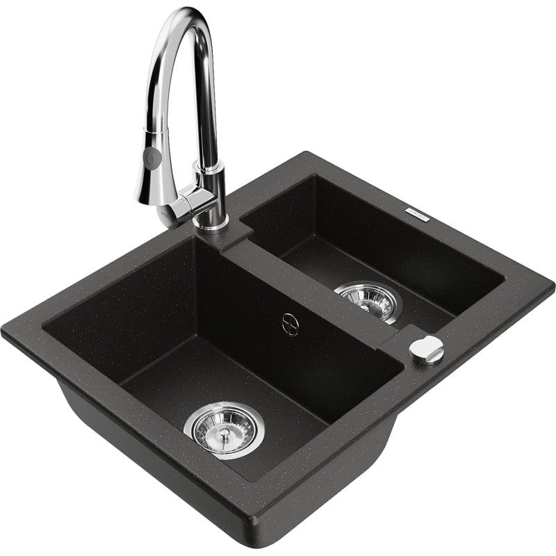 Mexen Carlos granitische spoelbak met 1,5 kamers en keukenmengkraan Elia, zwart/goud metallic - 6518-75-670101-00