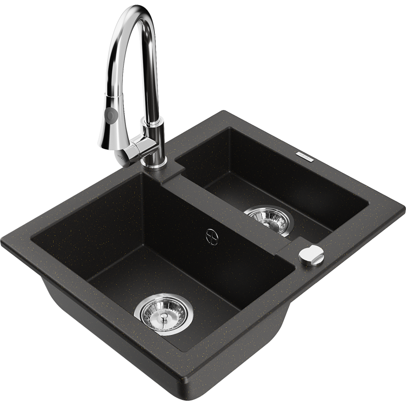 Mexen Carlos lavello in granito 1,5 vasca con rubinetto da cucina Elia, nero/oro metallizzato - 6518-75-670101-00