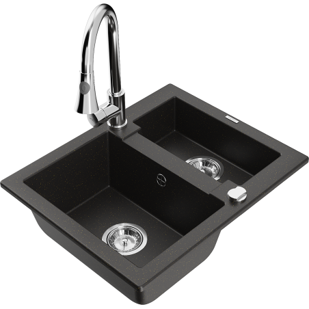 Mexen Carlos fregadero de granito 1,5 compartimentos con grifo de cocina Elia, negro/oro metálico - 6518-75-670101-00