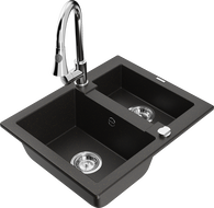 Mexen Carlos 1.5-bowl granite kitchen sink with Elia tap, black/golden metallic - 6518-75-670101-00