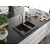 Mexen Carlos fregadero de granito de 1,5 senos con grifo de cocina Elia, negro/oro metálico - 6518-75-670101-50
