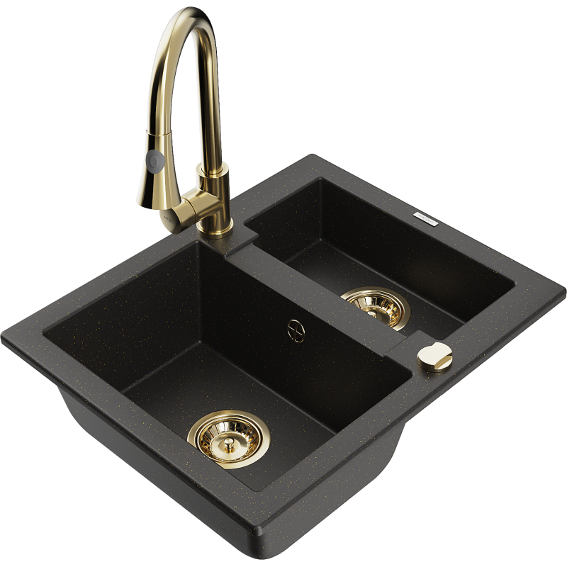 Mexen Carlos 1.5-bowl granite sink with Elia kitchen tap, black/gold metallic - 6518-75-670101-50
