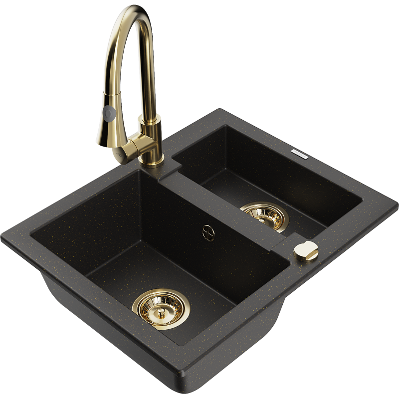 Mexen Carlos graniittinen, 1,5-lokeroinen keittiöallas keittiöhanalla Elia, musta/kulta metallihohto - 6518-75-670101-50