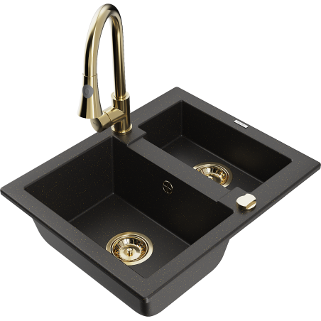 Mexen Carlos fregadero de granito de 1,5 senos con grifo de cocina Elia, negro/oro metálico - 6518-75-670101-50