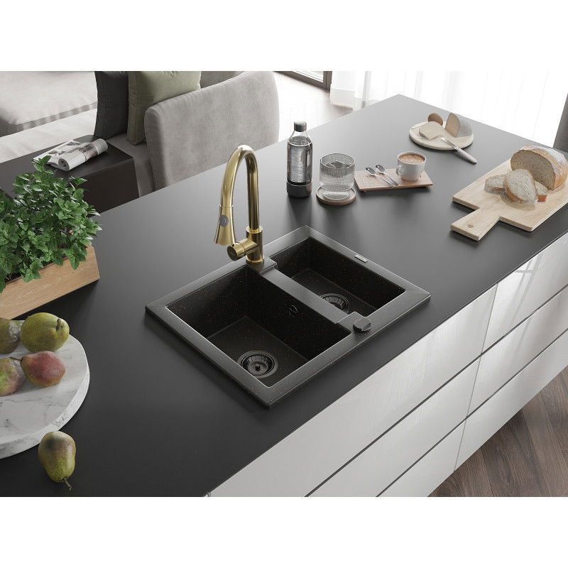 Mexen Carlos lavello in granito 1,5 vasca con miscelatore cucina Elia, nero/oro metallizzato - 6518-75-670101-50-B