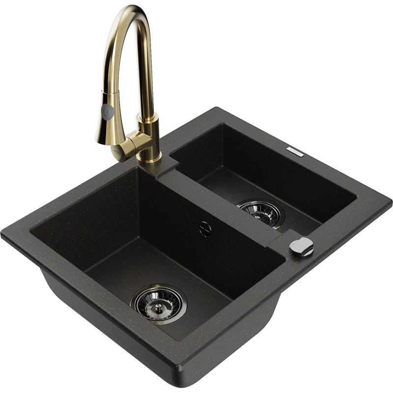Mexen Carlos lava-loiça de granito 1,5-bacias com torneira de cozinha Elia, preto/dourado metálico - 6518-75-670101-50-B