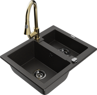 Mexen Carlos 1.5-bowl granite sink with Elia kitchen tap, black/gold metallic - 6518-75-670101-50-B