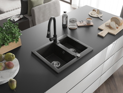 Mexen Carlos 1.5-bowl granite sink with Elia kitchen tap, black/gold metallic - 6518-75-670101-70