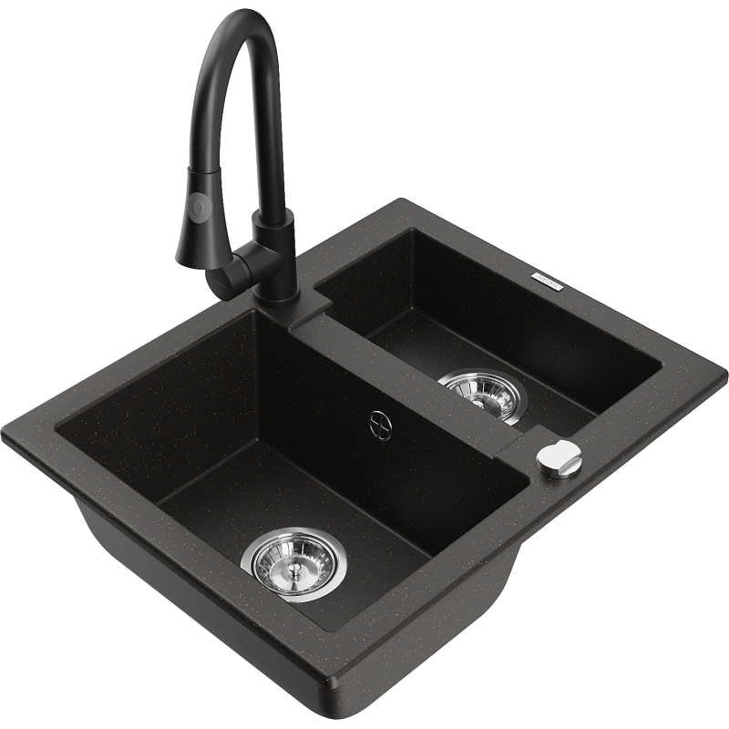 Mexen Carlos 1.5-bowl granite sink with Elia kitchen tap, black/gold metallic - 6518-75-670101-70