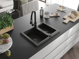 Mexen Carlos lavello in granito 1,5 vasca con miscelatore da cucina Elia, nero/oro metallizzato - 6518-75-670101-70-B