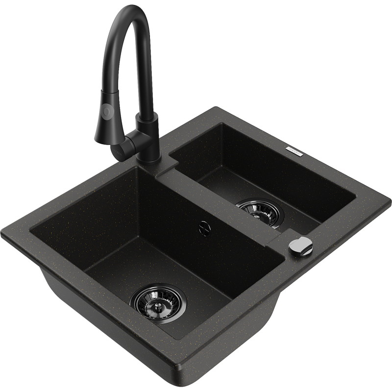 Mexen Carlos granit gootsteen 1,5-komor met keukenmengkraan Elia, zwart/goud metallic - 6518-75-670101-70-B