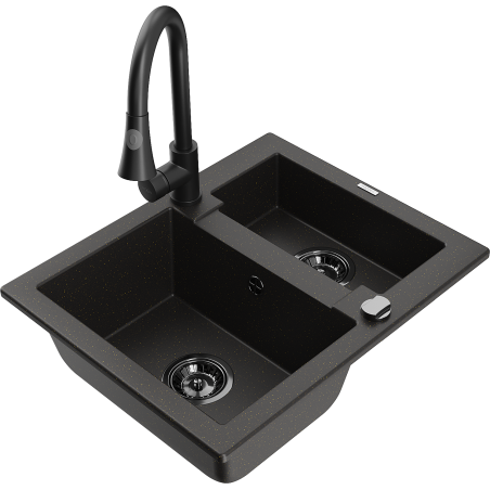 Mexen Carlos granite sink 1.5-bowl with Elia kitchen tap, black/gold metallic - 6518-75-670101-70-B