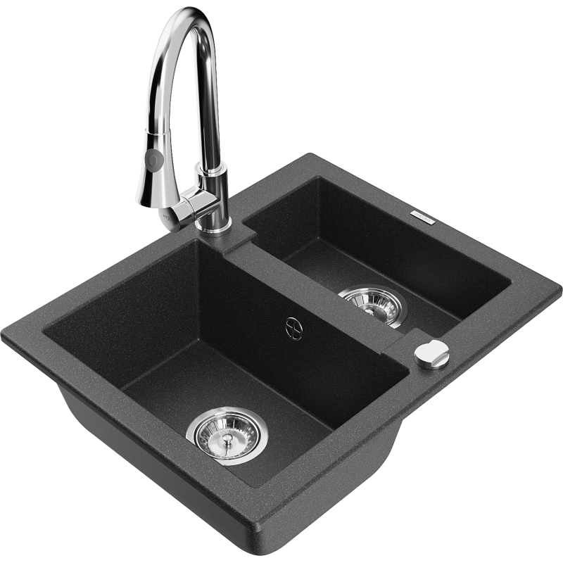 Mexen Carlos fregadero de granito de 1,5 senos con grifo de cocina Elia, negro moteado - 6518-76-670101-00