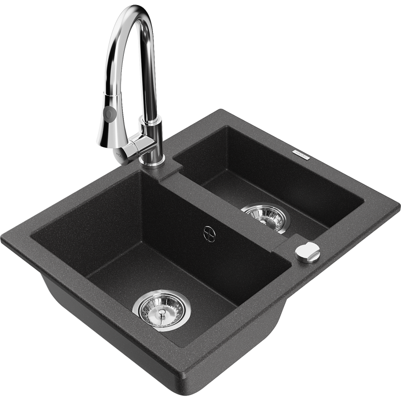 Mexen Carlos granite kitchen sink 1.5-bowl with Elia kitchen tap, speckled black - 6518-76-670101-00