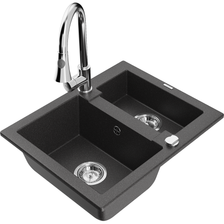 Mexen Carlos granite kitchen sink 1.5-bowl with Elia kitchen tap, speckled black - 6518-76-670101-00