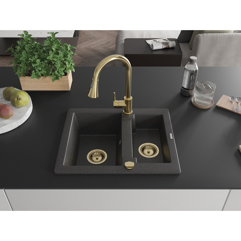 Mexen Carlos fregadero de granito 1,5 senos con grifo de cocina Elia, negro moteado - 6518-76-670101-50