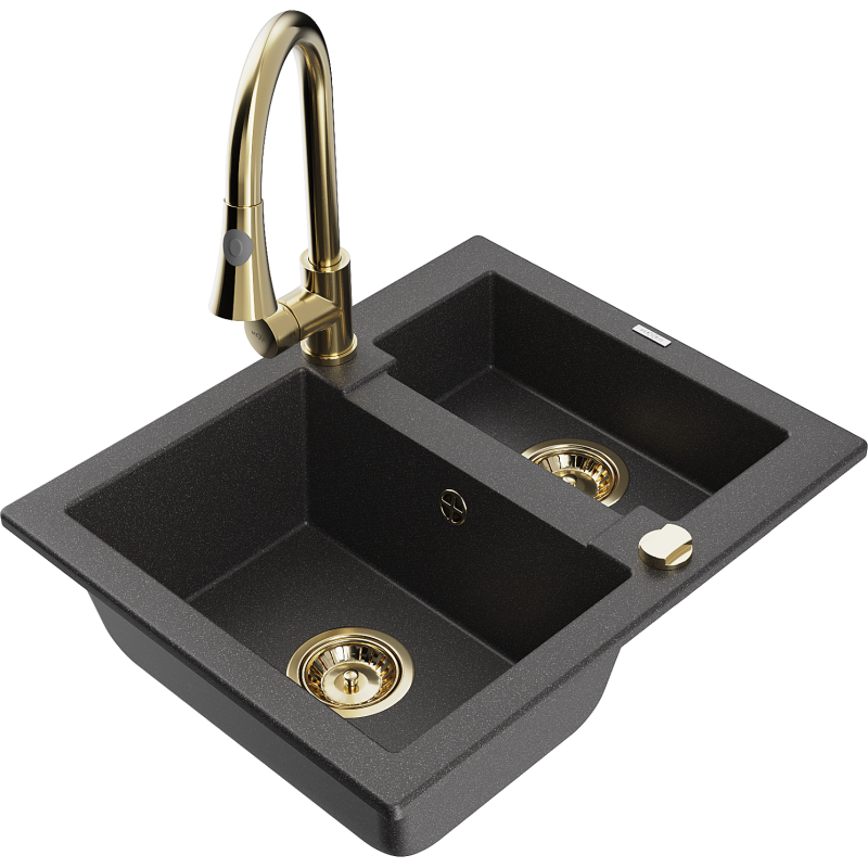Mexen Carlos granite sink 1.5-basin with Elia kitchen tap, black speckled - 6518-76-670101-50