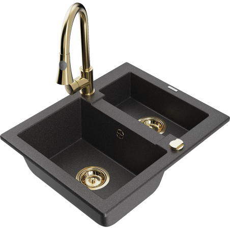 Mexen Carlos fregadero de granito de 1,5 compartimentos con grifo de cocina Elia, negro moteado - 6518-76-670101-50