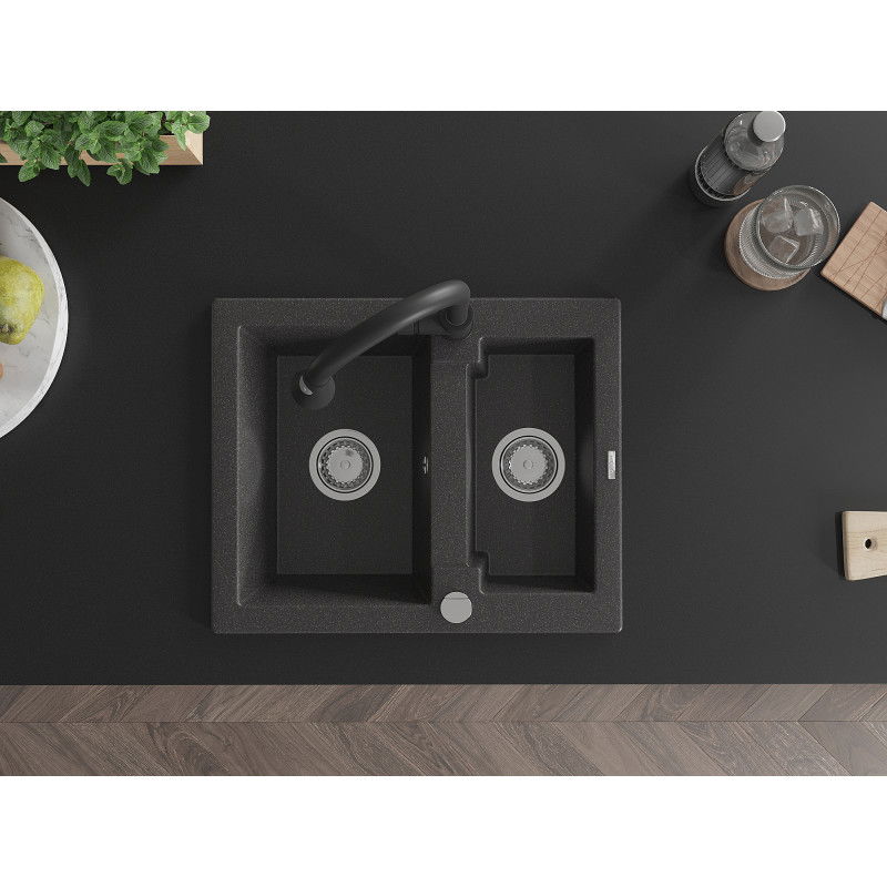 Mexen Carlos granite 1.5-bowl sink with Elia kitchen tap, black speckled - 6518-76-670101-70