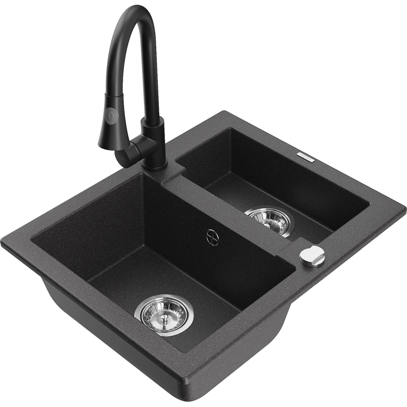 Mexen Carlos granite 1.5-bowl sink with Elia kitchen tap, black speckled - 6518-76-670101-70