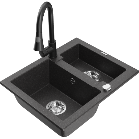 Mexen Carlos granite 1.5-bowl sink with Elia kitchen tap, black speckled - 6518-76-670101-70
