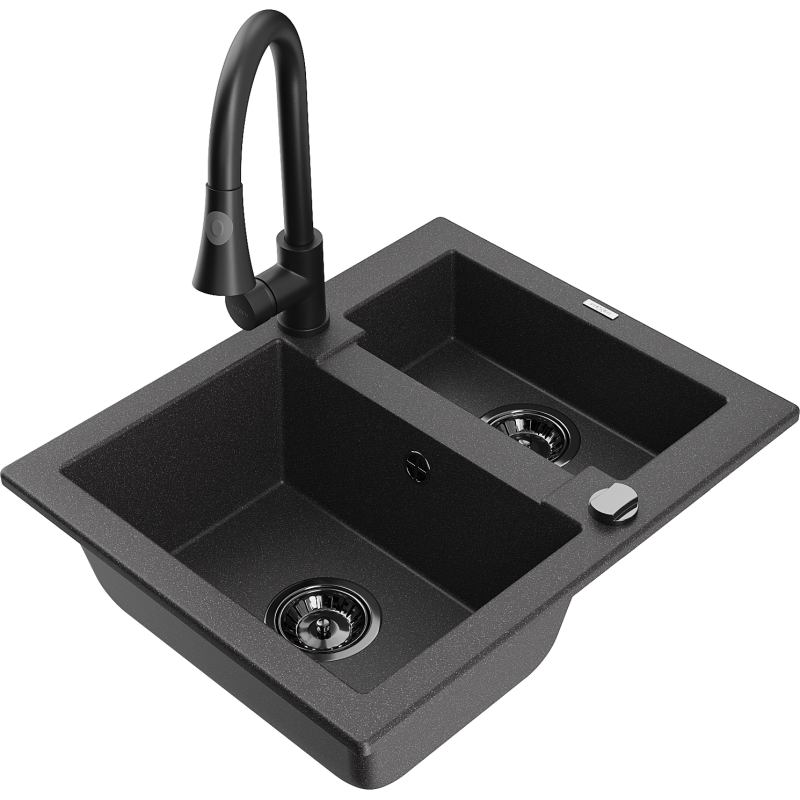 Mexen Carlos granīta izlietne ar 1,5 nodalījumiem un virtuves jaucējkrānu Elia, melna ar baltu - 6518-76-670101-70-B