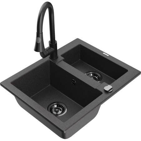 Mexen Carlos fregadero de granito de 1,5 senos con grifo de cocina Elia, negro jaspeado - 6518-76-670101-70-B
