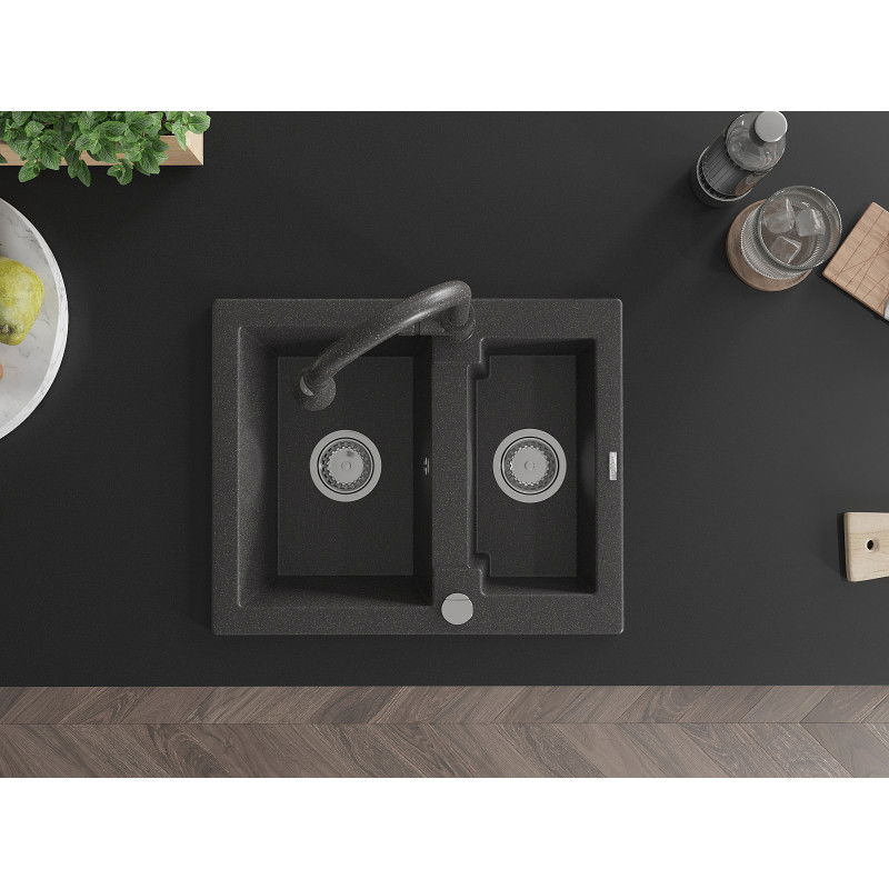 Mexen Carlos granite sink 1.5-bowl with Elia kitchen tap, speckled black - 6518-76-670101-76
