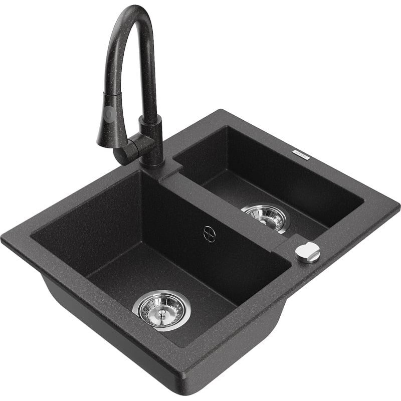 Mexen Carlos 1.5-bowl granite kitchen sink with Elia faucet, black speckled - 6518-76-670101-76
